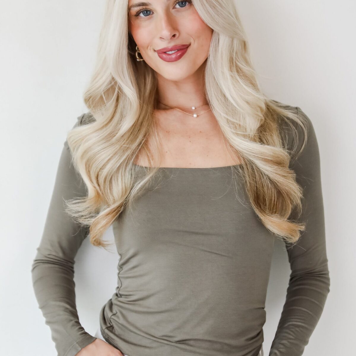 Olive Neck Long Sleeve Square Top